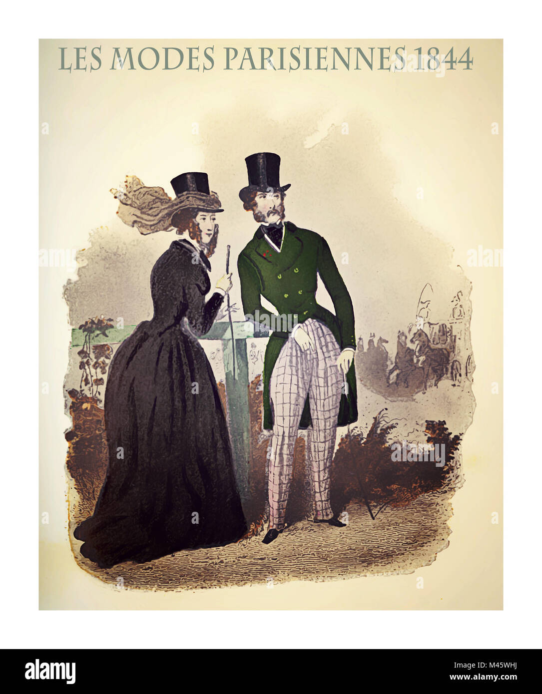 1844 vintage fashion, magazine français Les Modes Parisiennes présente une dame et un monsieur en extérieur, avec des chiffons de fantaisie et chapeaux à la mode Banque D'Images