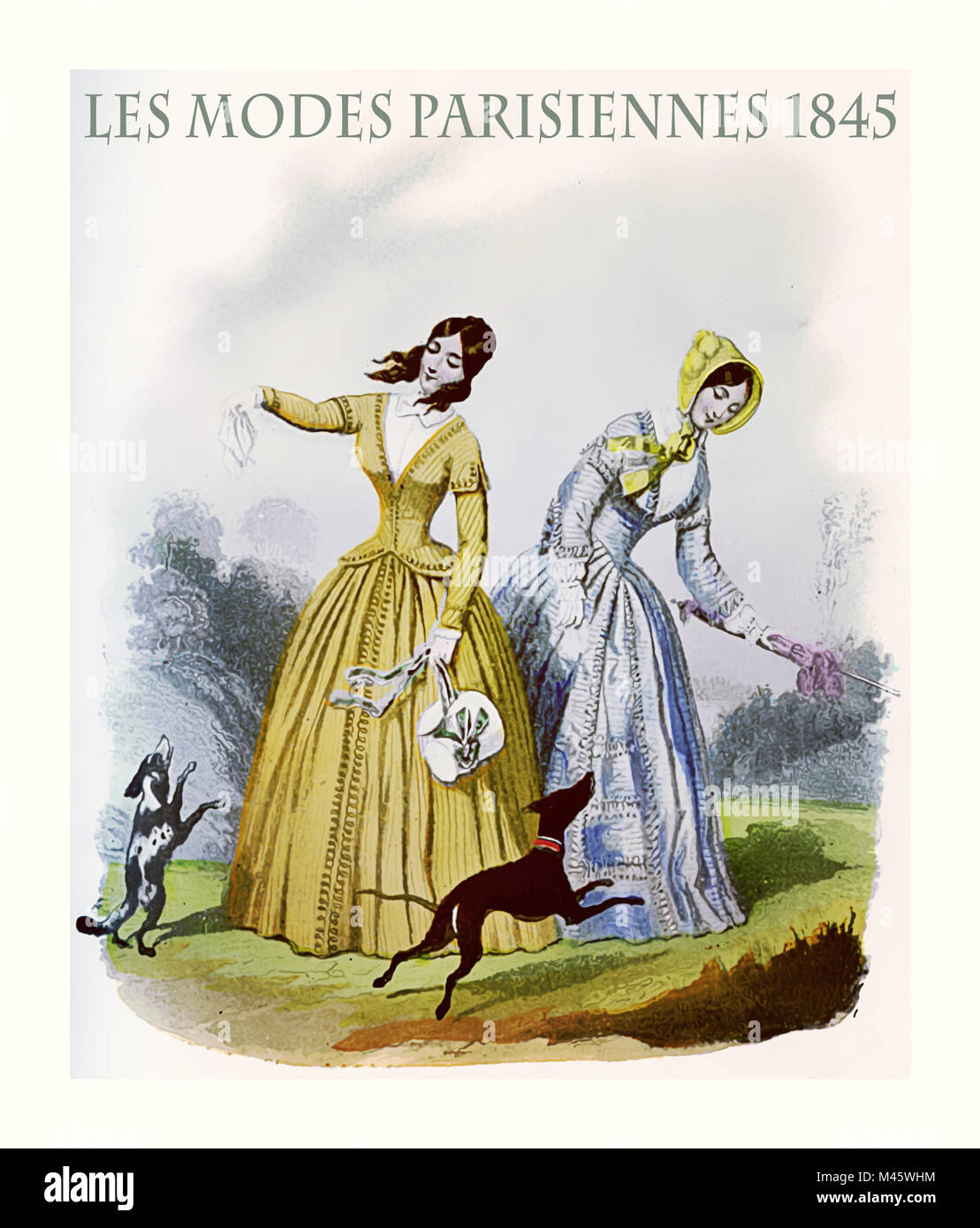 1845 vintage fashion, magazine français Les Modes Parisiennes présente deux jeunes femmes avec des chiffons de fantaisie et élégant chapeaux, jouant avec leurs chiens en plein air tranquille Banque D'Images