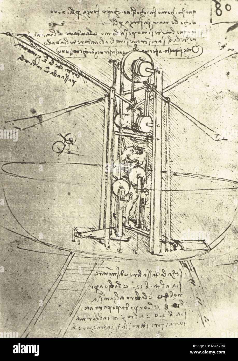 L'homme machine de pilotage, avec l'hélicoptère comme des lames, dessiné par Léonard de Vinci, vers 1488-9 Banque D'Images
