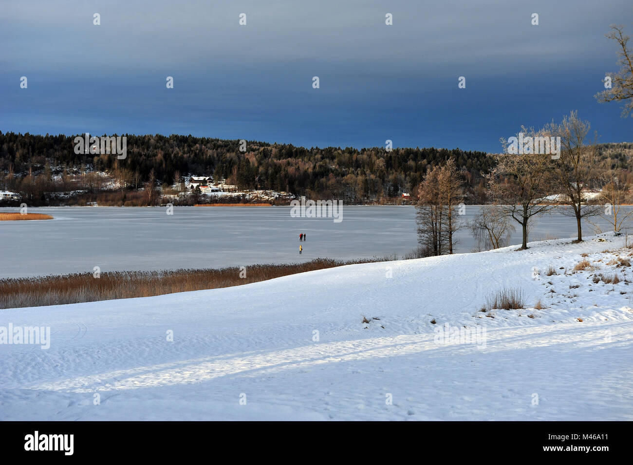 Belle scène d'hiver du lac Borrevannet à Horten, Norvège. Piste de ski à l'avant de l'image. Les gens patiner sur le lac en arrière-plan. Joli w Banque D'Images