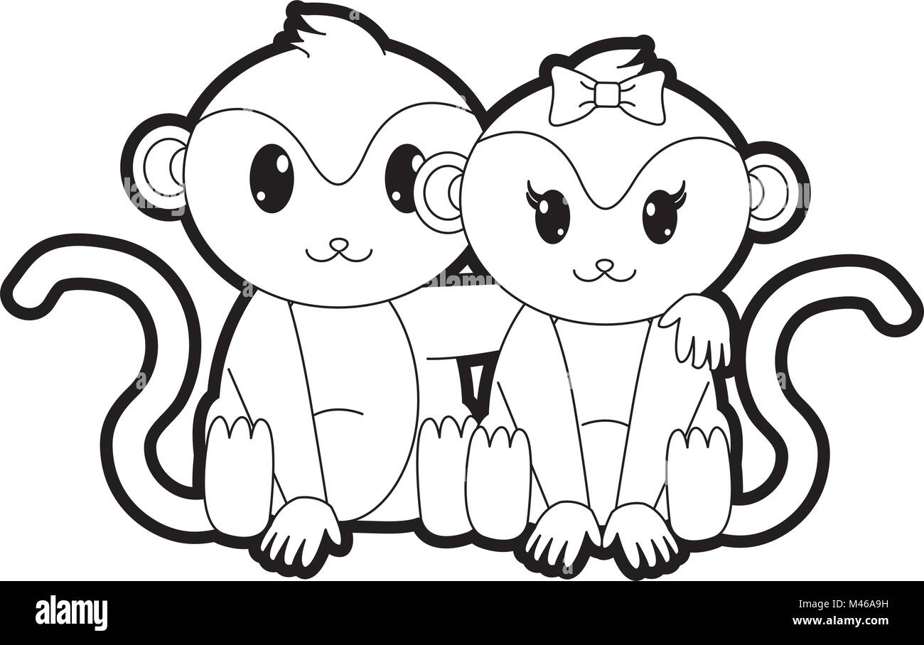 Contours monkey animal mignon couple ensemble Illustration de Vecteur