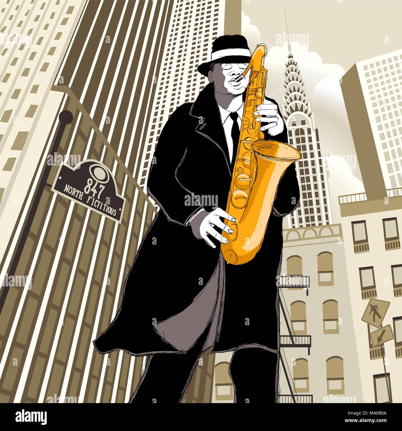 Vector illustration de saxophoniste dans une rue Illustration de Vecteur