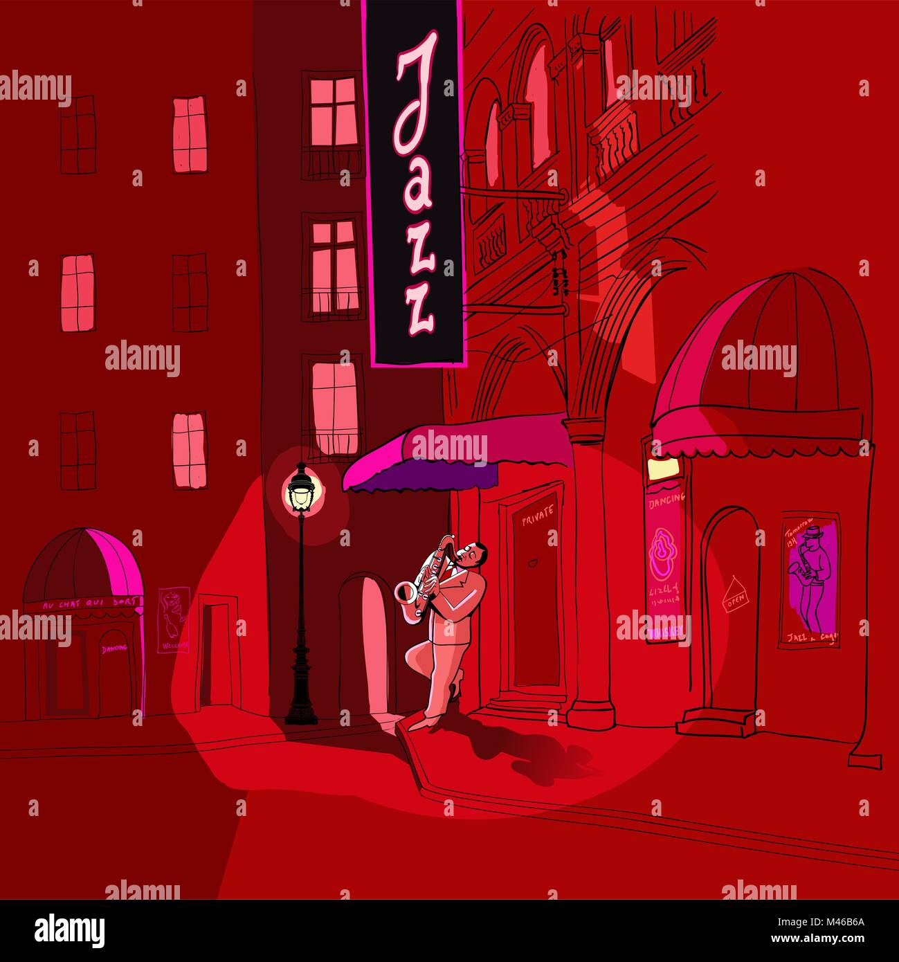 Vector illustration de saxophoniste dans une rue la nuit Illustration de Vecteur