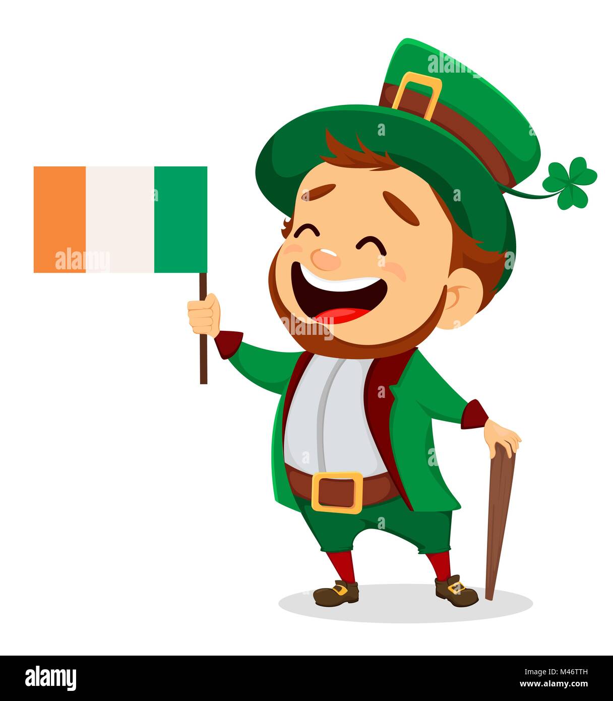 Happy Saint Patrick's Day. Caractère avec chapeau vert. Cartoon funny leprechaun avec drapeau irlandais et de la canne. Vector illustration Illustration de Vecteur