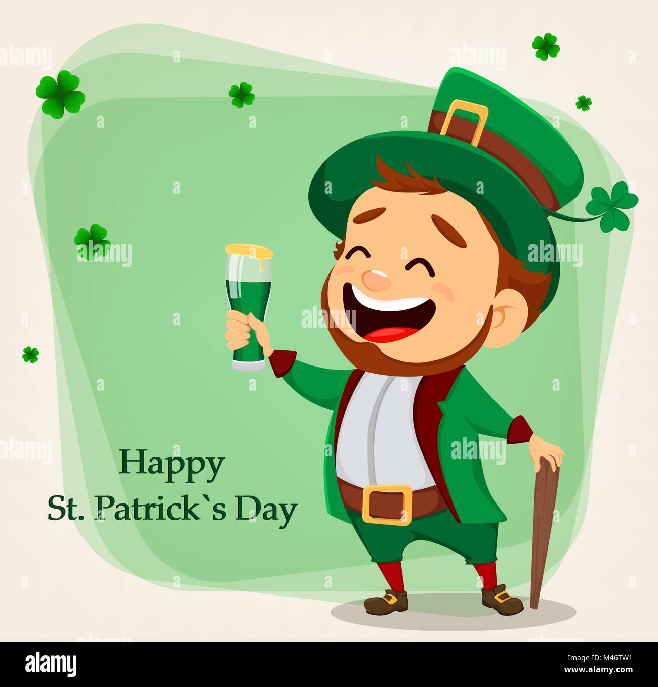 Happy Saint Patrick's Day. Caractère avec chapeau vert. Cartoon funny leprechaun tenant un verre de bière. Vector illustration sur fond vert avec cl Illustration de Vecteur