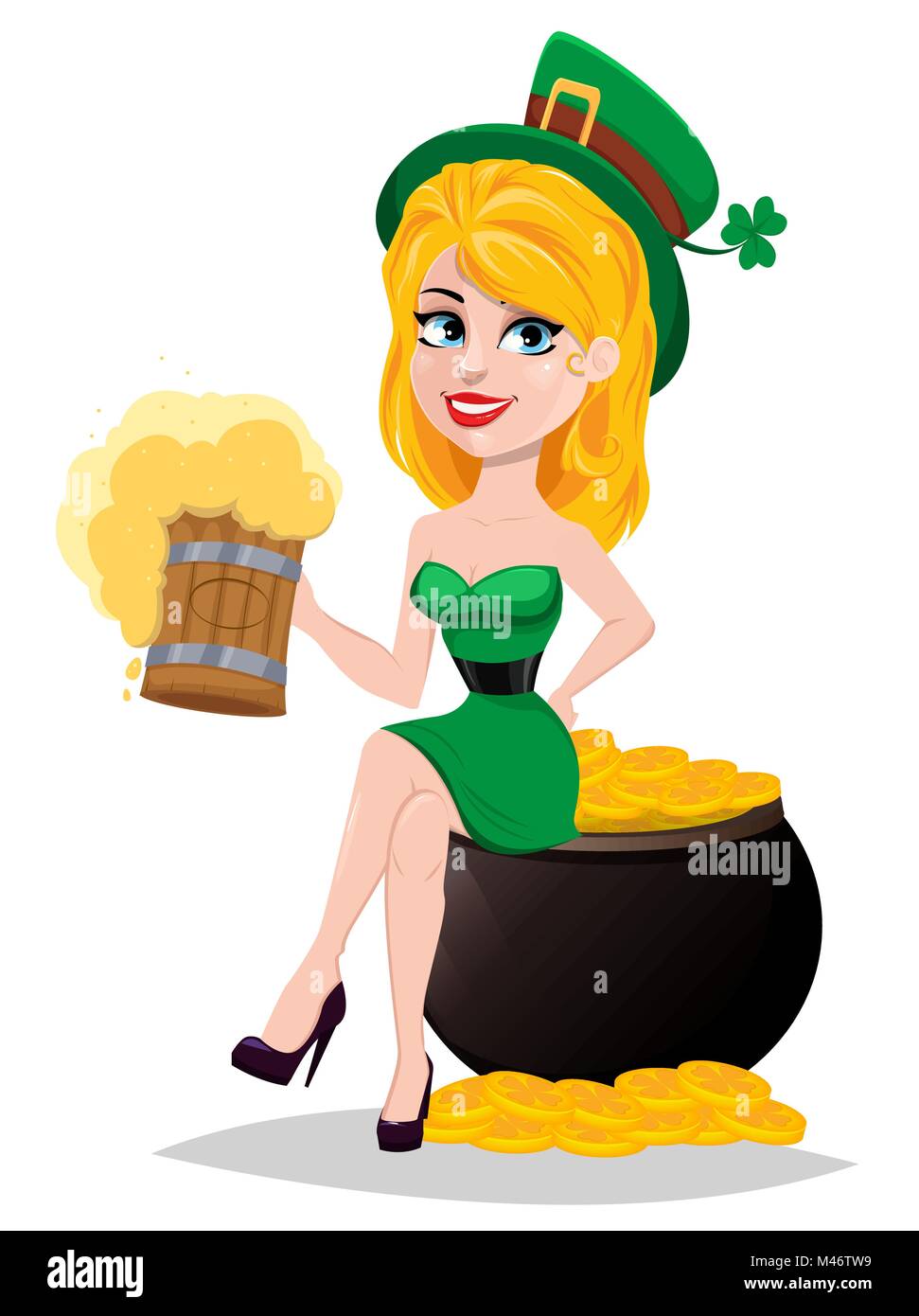 Happy Saint Patrick's Day. Personnage de femme avec chapeau vert. Jolie dame en costume lutin assis sur le pot d'or et tenant une pinte de bière Illustration de Vecteur