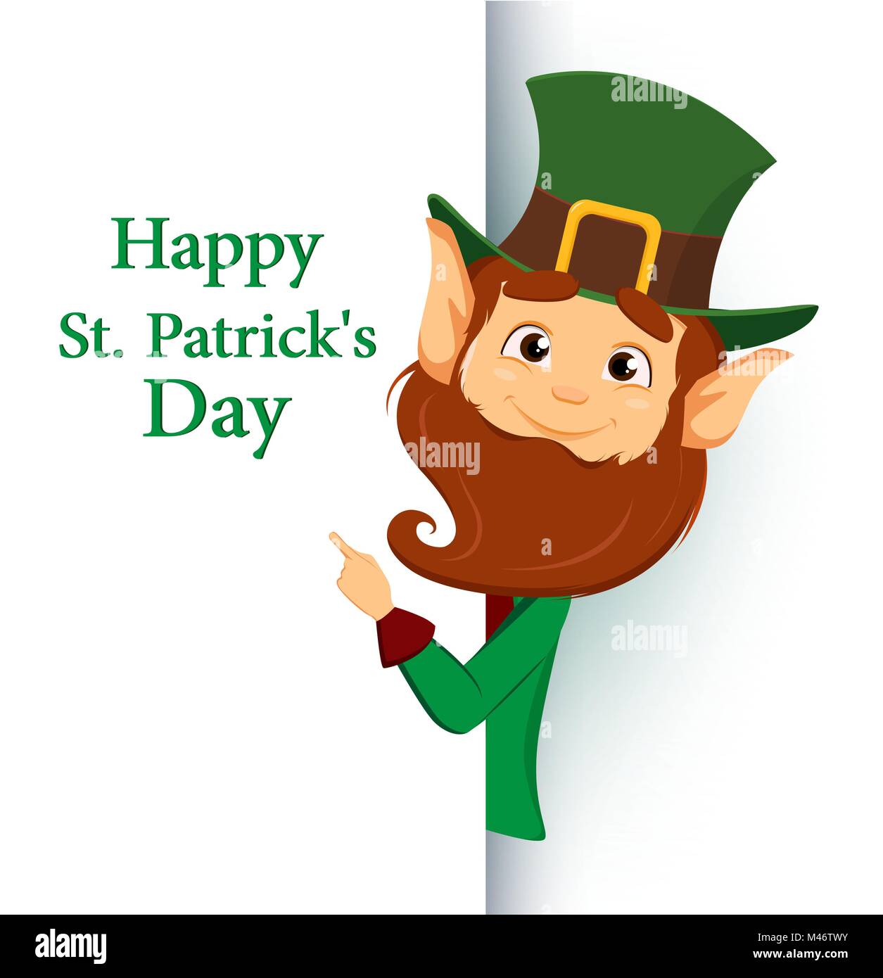 Happy Saint Patrick's Day. Personnage souriant avec leprechaun chapeau vert montrant le placard avec les salutations. Vector illustration Illustration de Vecteur