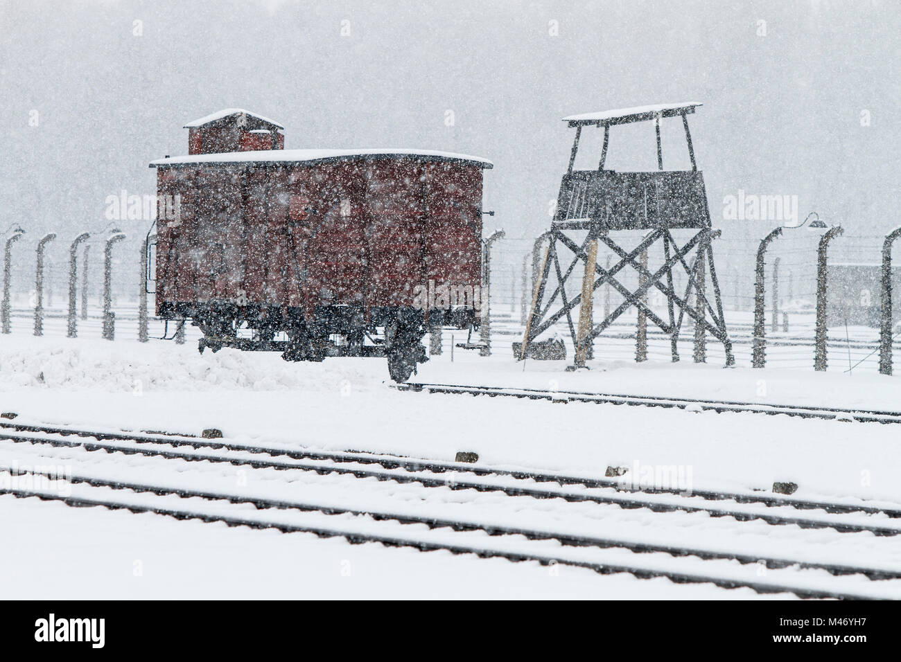 Auschwitz, Malopolskie / Pologne - 04 févr. 2018 : Auschwitz Birkenau, camp de concentration et d'extermination nazis. Banque D'Images