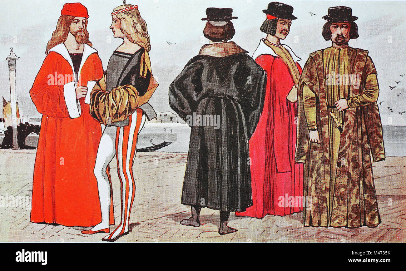 L'habillement, de la mode en Italie au moment du début de la Renaissance autour de 1460-1490, à partir de la gauche, les Vénitiens en 1496, les collants de couleur, ce qui le distingue en tant que membre de la Compagnia della Calza, la société de stockage, un club de jeunes nobles de Venise, l'amélioration numérique reproduction à partir d'un original de l'année 1900 Banque D'Images