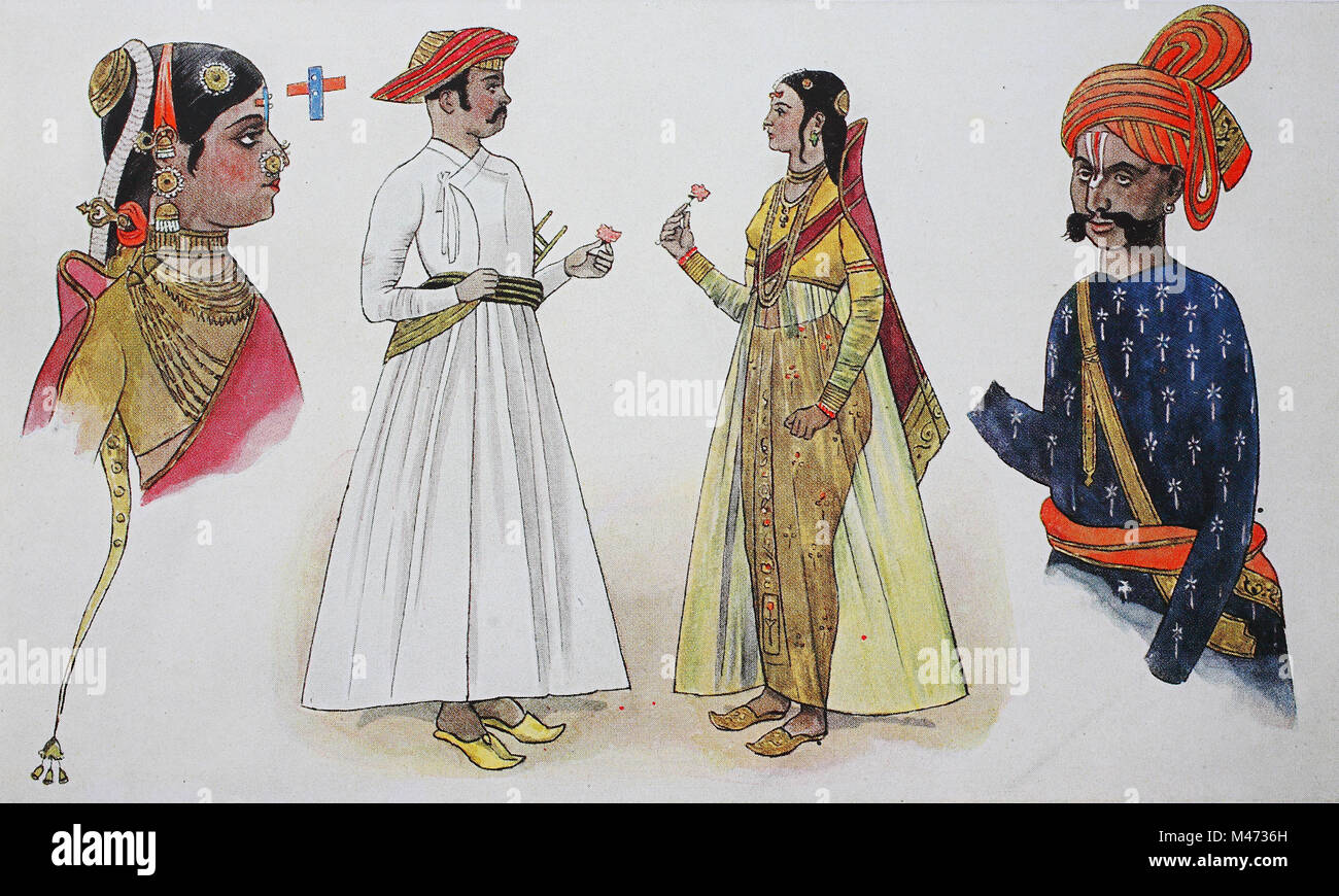 Vêtements, Mode en Inde, à partir de 1600-1800, à partir de la gauche, une femme d'une riche demeure, puis un Indien musulman avec une femme et un guerrier Rajput, amélioration numérique reproduction à partir d'un original de l'année 1900 Banque D'Images