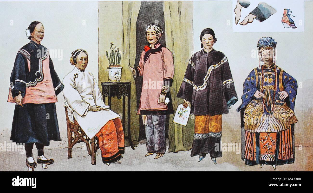 Les vêtements, la mode en Chine, autour de la 19e siècle, à partir de la  gauche, une femme du nord de la Chine, les jeunes filles de la Chine du Sud  dans