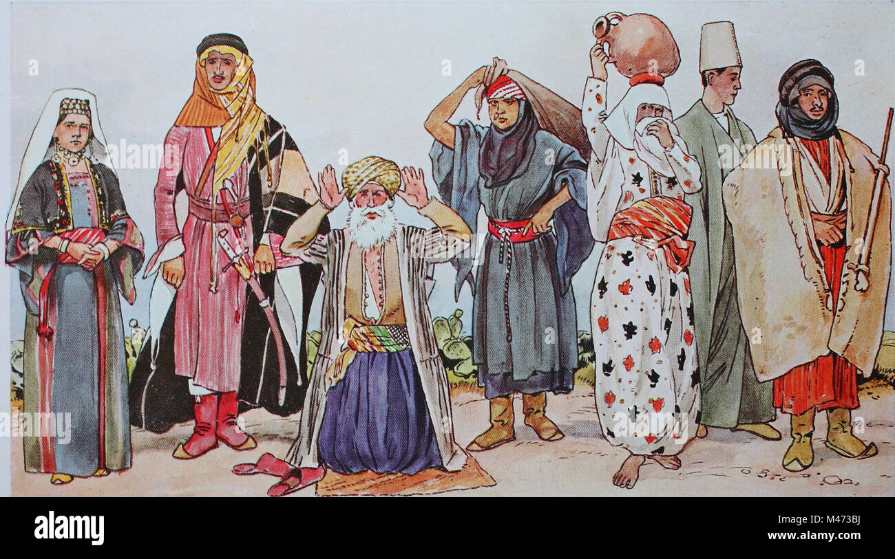 L'habillement, la mode en Palestine, à partir de la gauche, une femme de Bethléem, un Bédouin cheikh du Hauran, un priant de mahométans, Jérusalem, puis une femme bédouine à partir de la région de Jérusalem, une femme fellah de la région de Nazareth, un Skinny18 de Damas, et un Bédouin de la Palestine, l'amélioration numérique reproduction à partir d'un original de l'année 1900 Banque D'Images