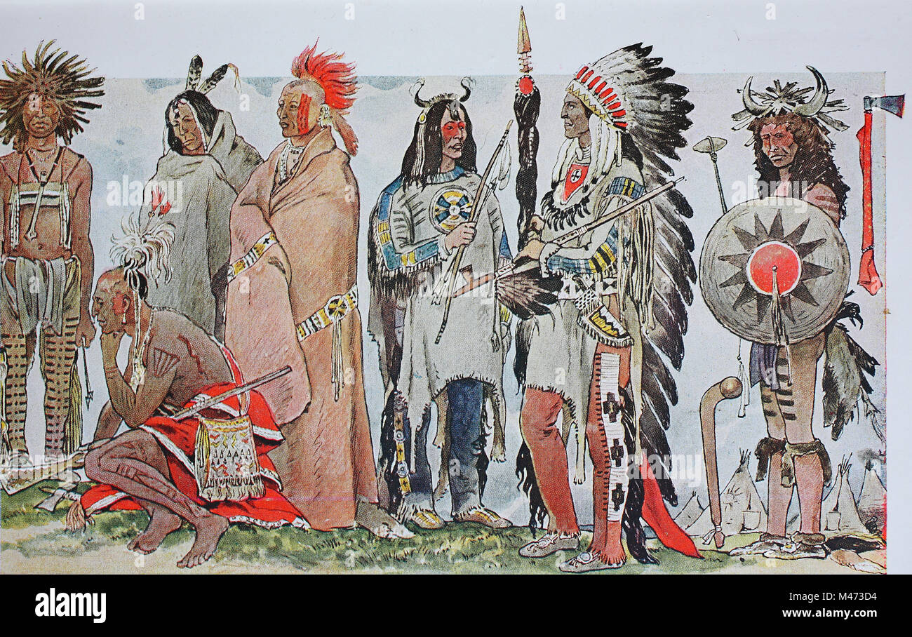 L'habillement, la mode en Amérique du Nord, les Indiens, à partir de la  gauche, un guerrier dans une robe de danse, un homme du groupe irlandais,  un Indien crow avec predator feds