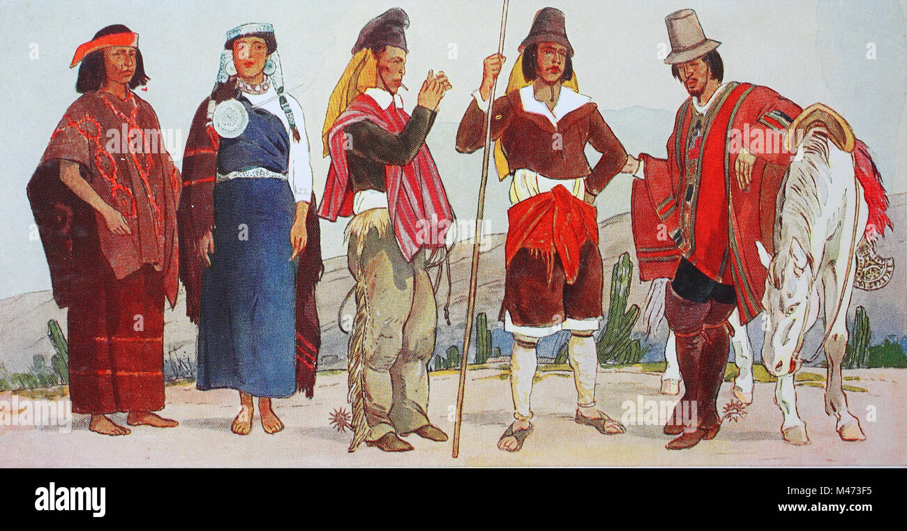 L'habillement, la mode en Amérique du Sud, Chili autour du 19e siècle, à  partir de la gauche, un Aurakan, un Indien, un Araucanian chic, puis un  peon, un journalier, un résident du