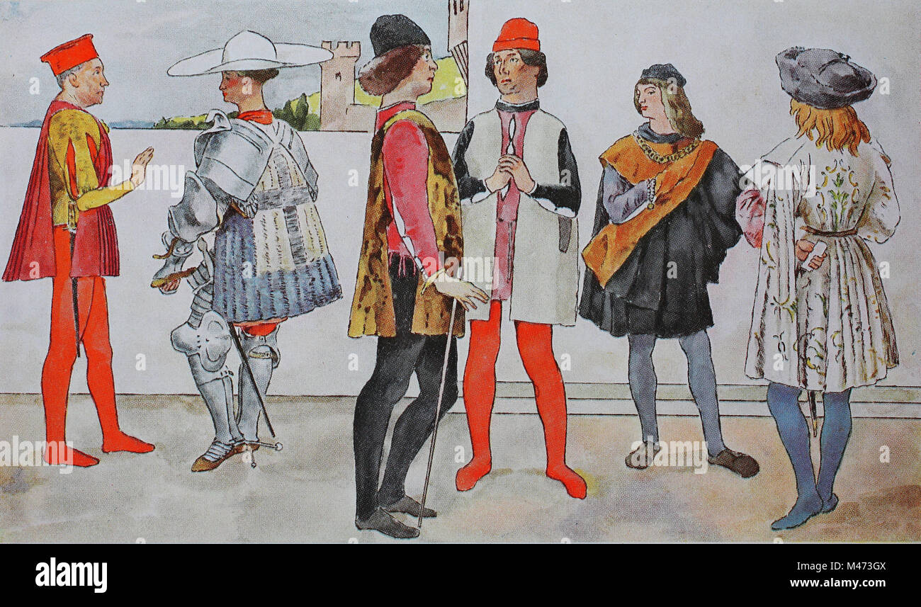 L'habillement, la mode du début de la Renaissance en Italie, 1425-1480,  costumes pour hommes distingués, de gauche, d'un Marquis de Mantoue, un  chevalier italien, deux costumes pour hommes de Viterbe, et deux