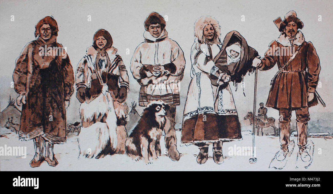 L'habillement, la mode des Esquimaux, les peuples les plus au nord de l'histoire moderne, une famille Samoyède en costume, et sur la droite une Tunguse sur snowboards, pneus neige, amélioration numérique reproduction à partir d'un original de l'année 1900 Banque D'Images