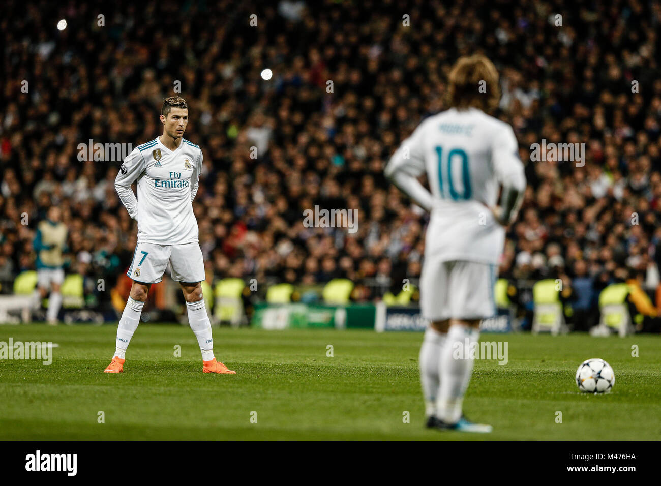 Cristiano Ronaldo (Real Madrid) en action pendant le match de la Ligue des Champions de l'UCL entre match PSG vs Real Madrid au Santiago Bernabeu à Madrid, Espagne, le 14 février 2018. Más Información Gtres Crédit : Comuniación sur ligne, S.L./Alamy Live News Banque D'Images