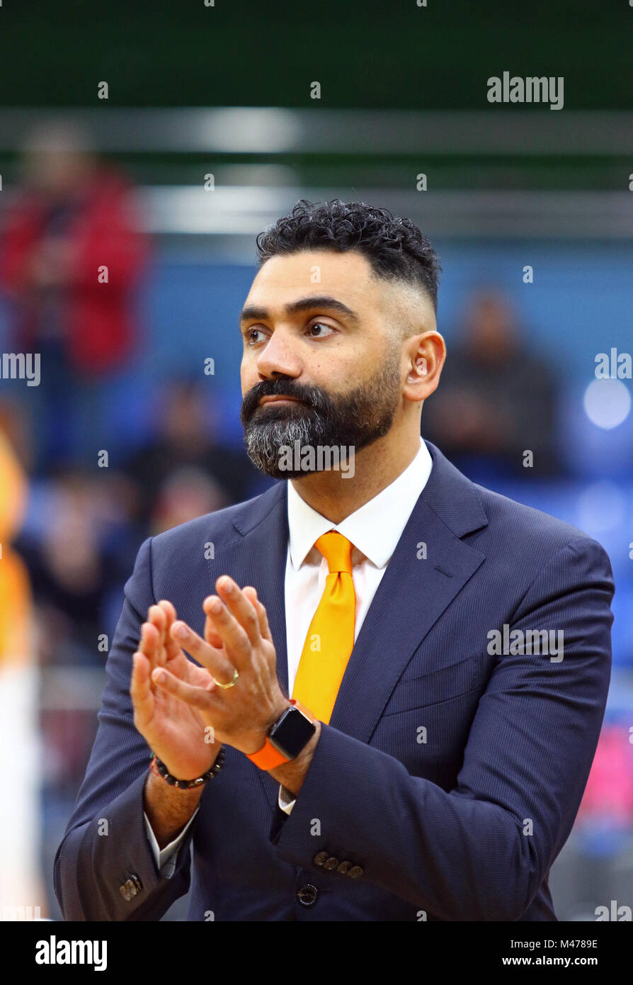 Kiev, Ukraine. 14 février 2018. Hakim Salem, entraîneur-chef de l'équipe nationale des Pays-Bas, au cours de la FIBA EuroBasket 2019 Femmes Ukraine jeu/Pays-Bas au Palais des Sports de Kiev. Crédit : Oleksandr Prykhodko/Alamy Live News Banque D'Images