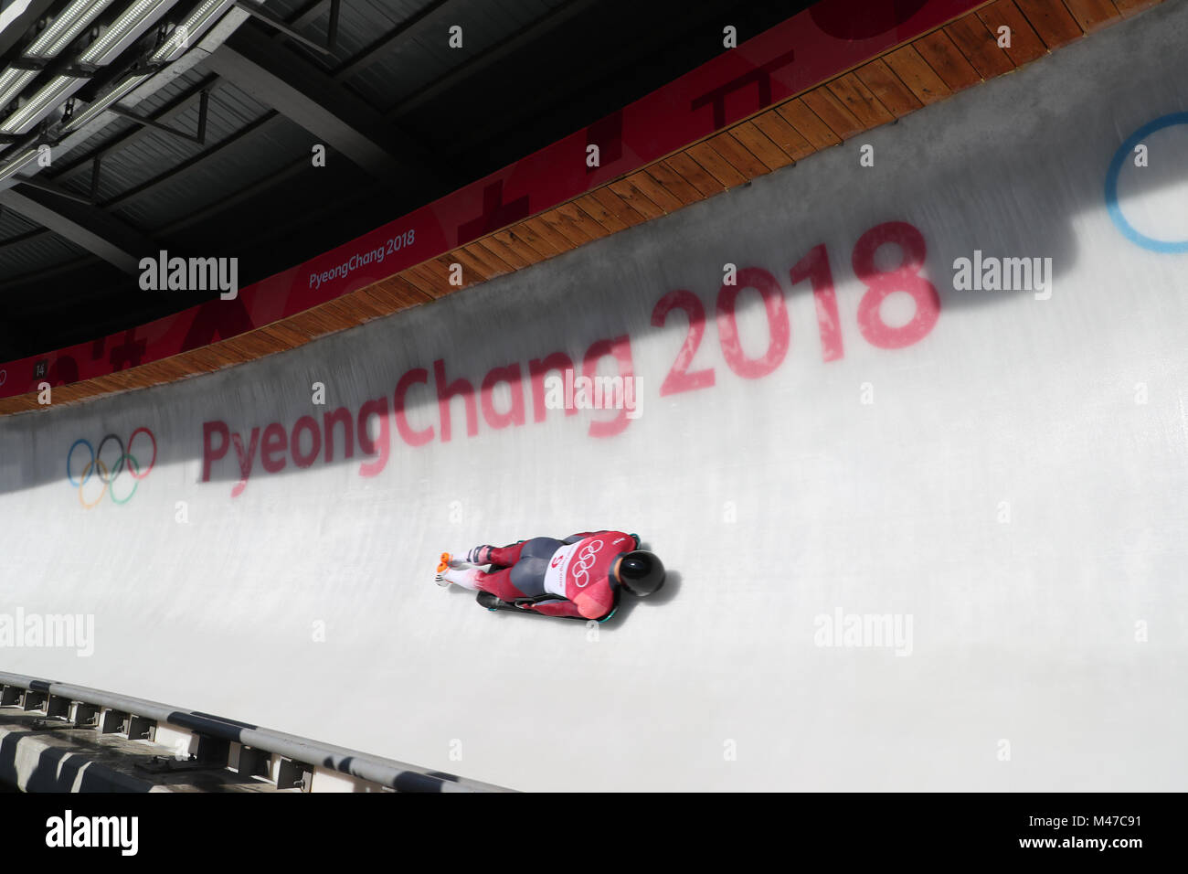 Pyeongchang, Corée du Sud. Feb 15, 2018. Vue générale : squelette squelette pour hommes à la chaleur au cours de la centrale coulissante olympiques PyeongChang Jeux Olympiques d'hiver de 2018 à Pyeongchang, Corée du Sud . Credit : YUTAKA/AFLO/Alamy Live News Banque D'Images