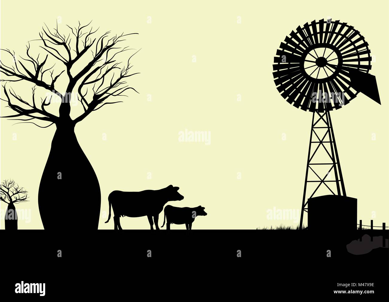 Moulin à vent boab arbres et les vaches d'ossature à fond jaune Illustration de Vecteur