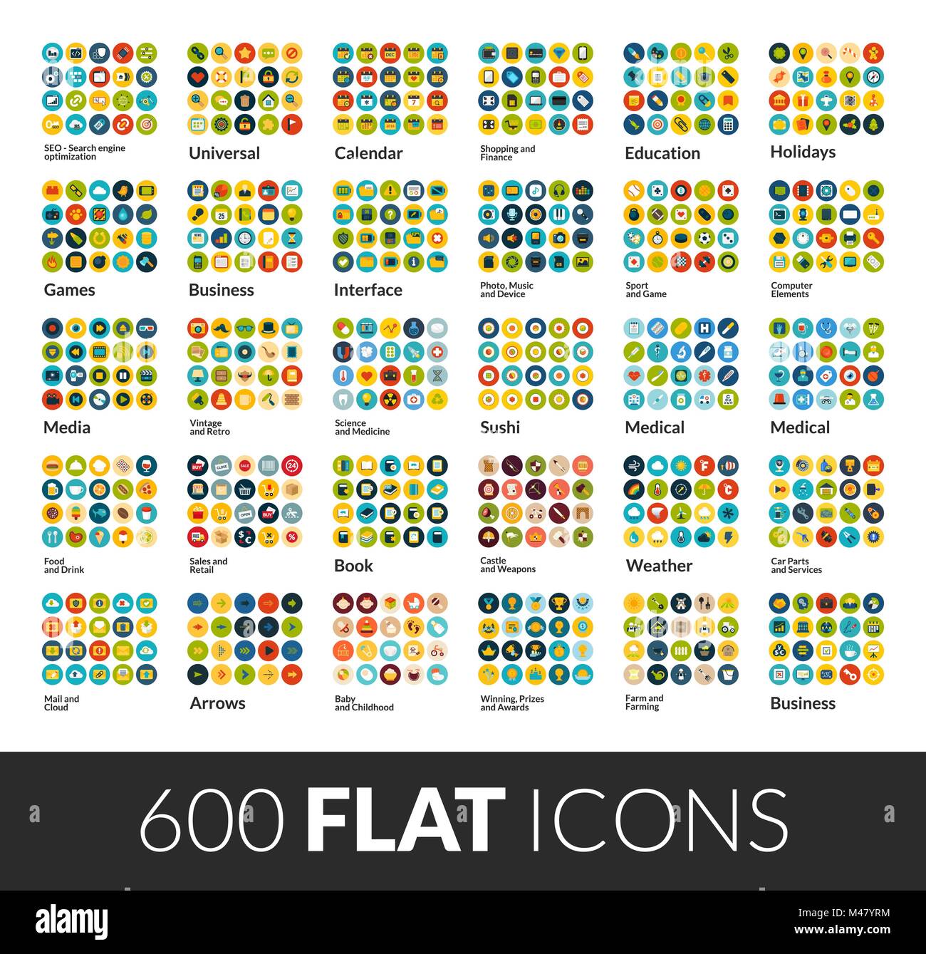 Ensemble, 600 grandes icônes couleur plate ronde avec pictogramme ...
