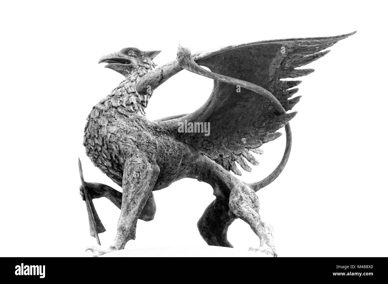 Le Griffin de Griffin-fontaine dans Anklam Allemagne noir et blanc Banque D'Images