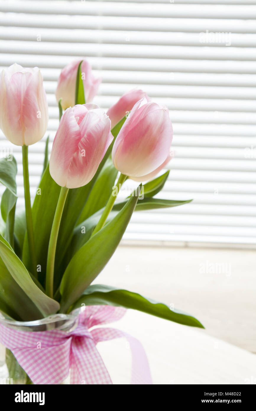 Beau bouquet de tulipes roses sur fond de rétro-éclairage Banque D'Images