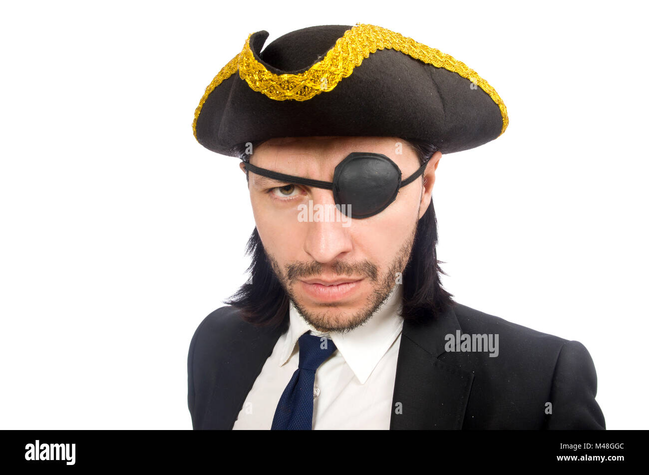 Businessman wearing pirate tricorne isolated on white Banque D'Images