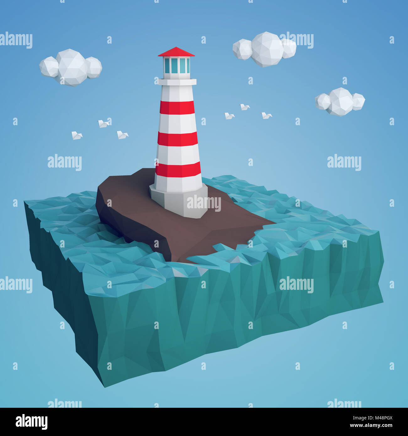 Poly bas phare sur une île rocheuse dans la mer. Le rendu 3D Banque D'Images