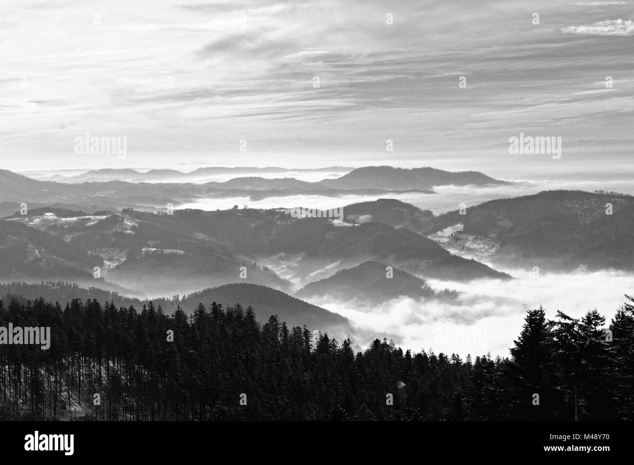 Mummelsee vue sur la Forêt Noire d'hiver noir et blanc Banque D'Images