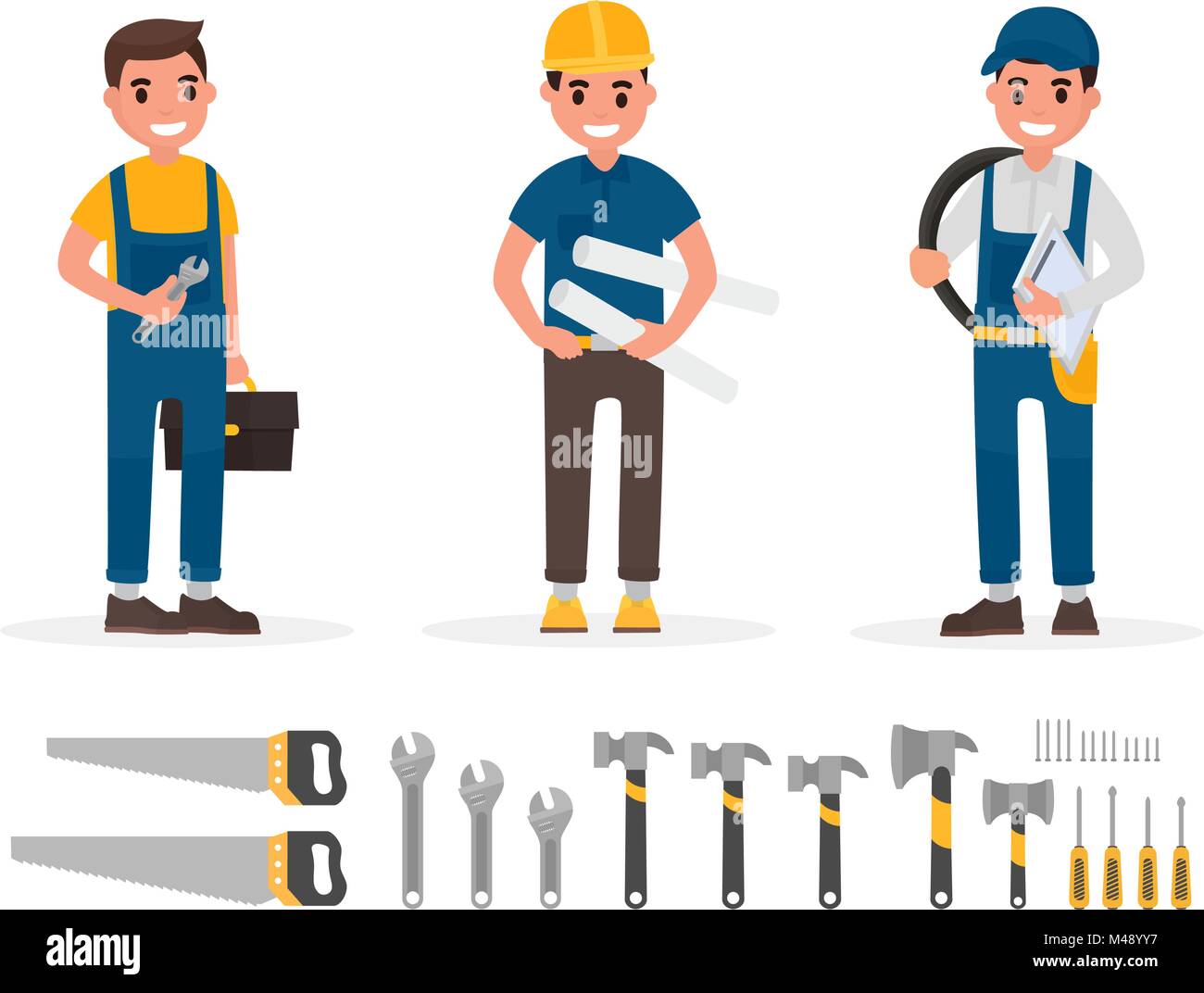 Handyman, plombier, chef de chantier, ingénieur et constructeur collection d'éléments avec diverses personnes d'actions. Ensemble de travailleurs et d'outils à main en style plat Illustration de Vecteur