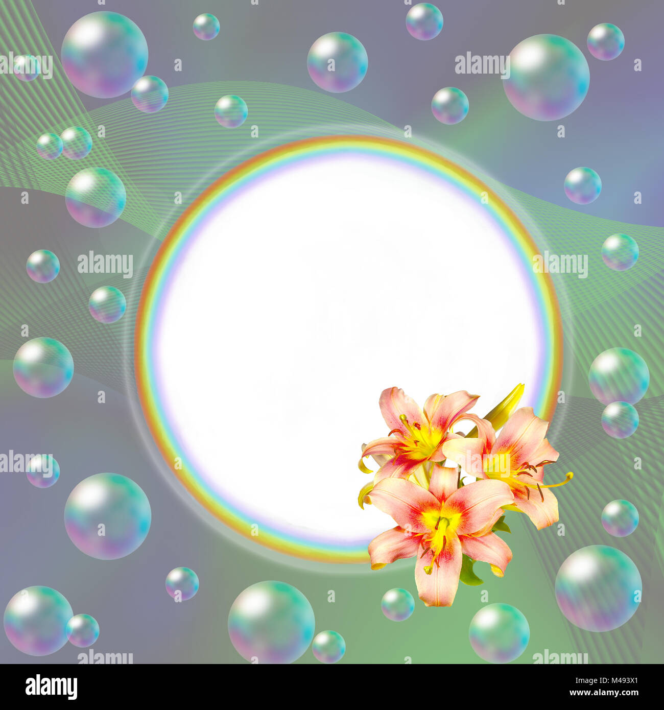 Arc-en-ciel ronde décorée de lys rose du châssis et des bulles Banque D'Images