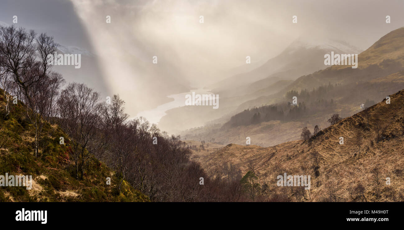 Les rayons du soleil sur les bouleaux (Betula pendula) et paysage de montagne, le Loch Leven, Glencoe, les Highlands d'Écosse, Royaume-Uni, janvier 2016., UK, mars. Banque D'Images