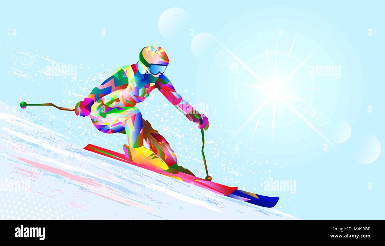 La skieuse alpine. Silhouette d'un skieur de résumé des formes géométriques multicolores contre le ciel. Sortsmen - skieur contre le ciel et le soleil. Illustration de Vecteur