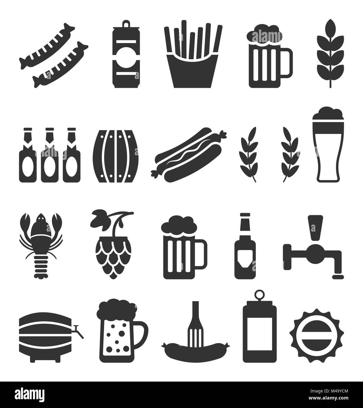 Icônes noires de la bière et des collations isolé sur fond blanc Banque D'Images