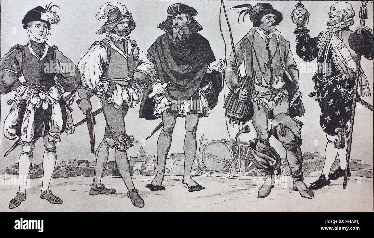 La mode, les vêtements dans l'Allemagne, les costumes civique autour de 1560-1580, à partir de la gauche, l'homme de 20, 30 et 40 ans dans le costume allemand, puis un carter de Franconie et une en espagnol de Nuremberg Les déguisements, amélioration numérique reproduction à partir d'un original de l'année 1900 Banque D'Images