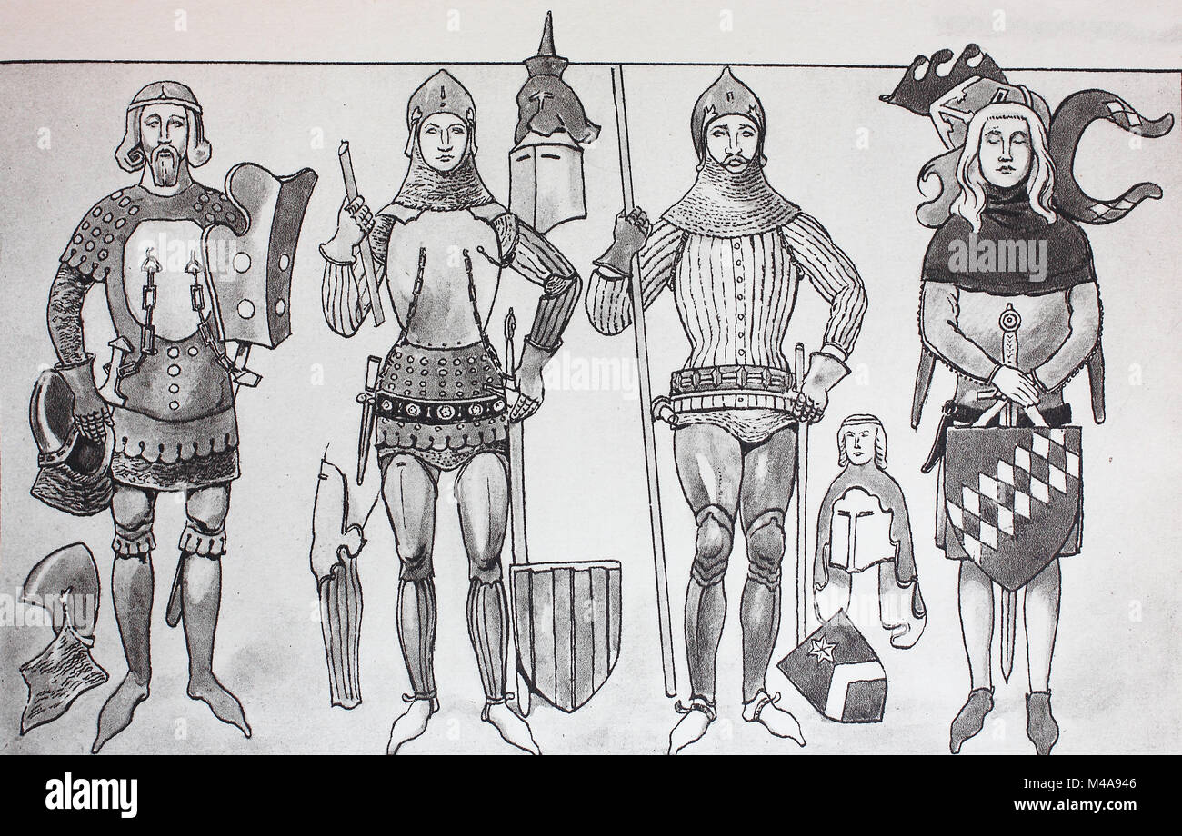 La mode, les vêtements, les costumes des chevaliers allemands au 14ème siècle, de gauche, trois différents types de Lentner ou Lendner, rétreints, un gilet blindé et à droite un Chevalier en robe de chambre, l'amélioration numérique reproduction à partir d'un original de l'année 1900 Banque D'Images