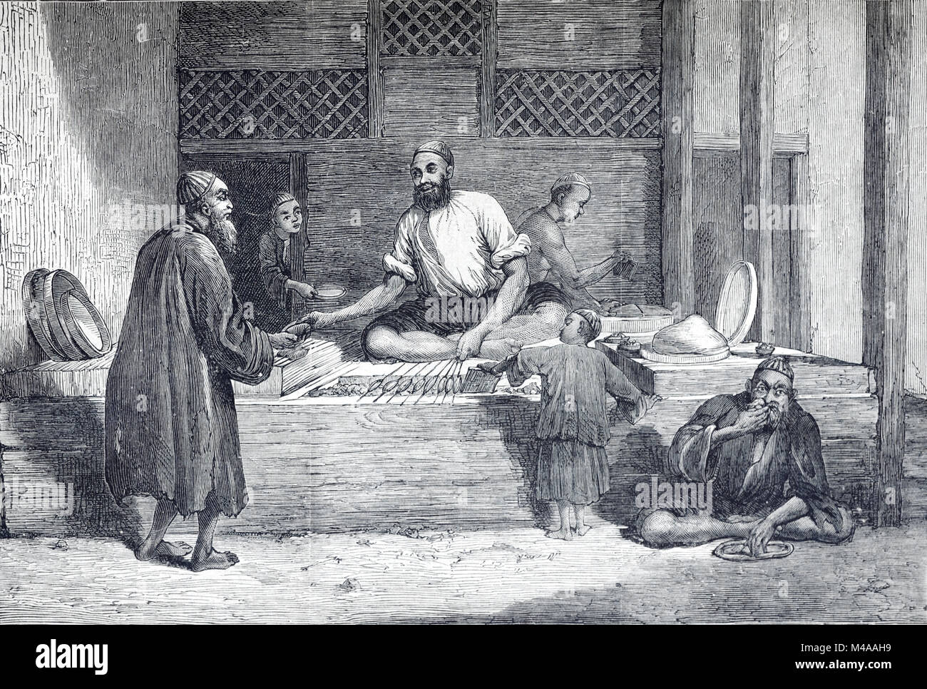 Décrochage du marché alimentaire de la rue ou l'Afghanistan KABOUL (gravure, 1879) Banque D'Images