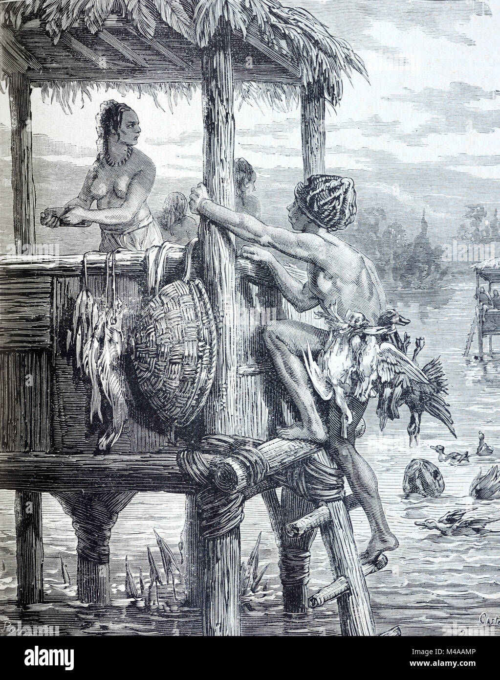 Les habitants du lac, ou des Américains autochtones connue sous le nom de guajiros, Wayuu, Wayu, ou Wahiro, vivant dans des maisons sur pilotis en bois appelée Palafitos sur les rives du lac Maracaibo, Venezuela (gravure, 1879) Banque D'Images