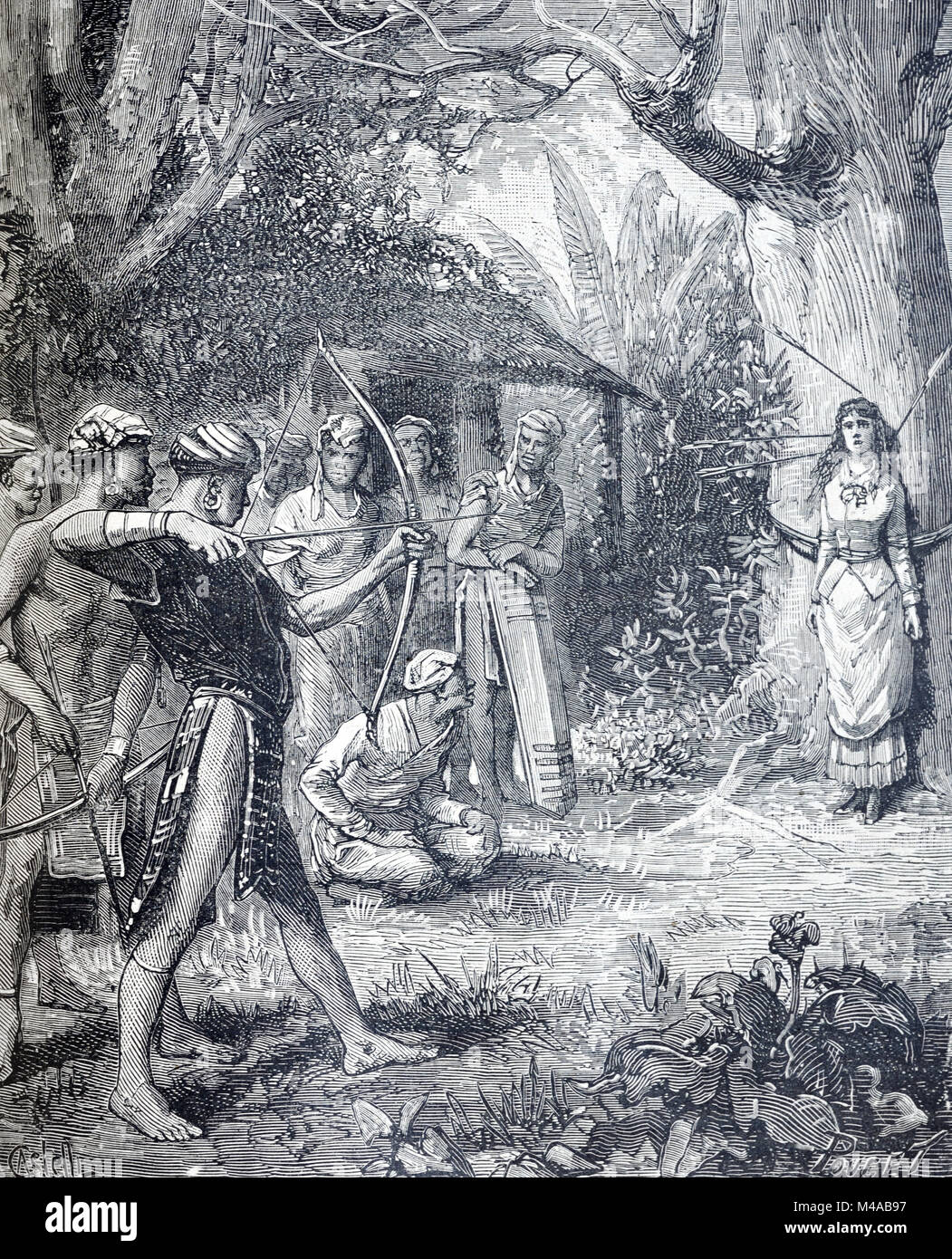 Groupe Tribal, pratique une forme dangereuse de tir à Barrackpore ou Barrackpur, Bengale occidental, Inde (gravure, 1880). Le jeu ressemble à l'histoire de Guillaume Tell ou tir Robin des bois une pomme de la tête de Maid Marion. (Gravure, 1880) Banque D'Images