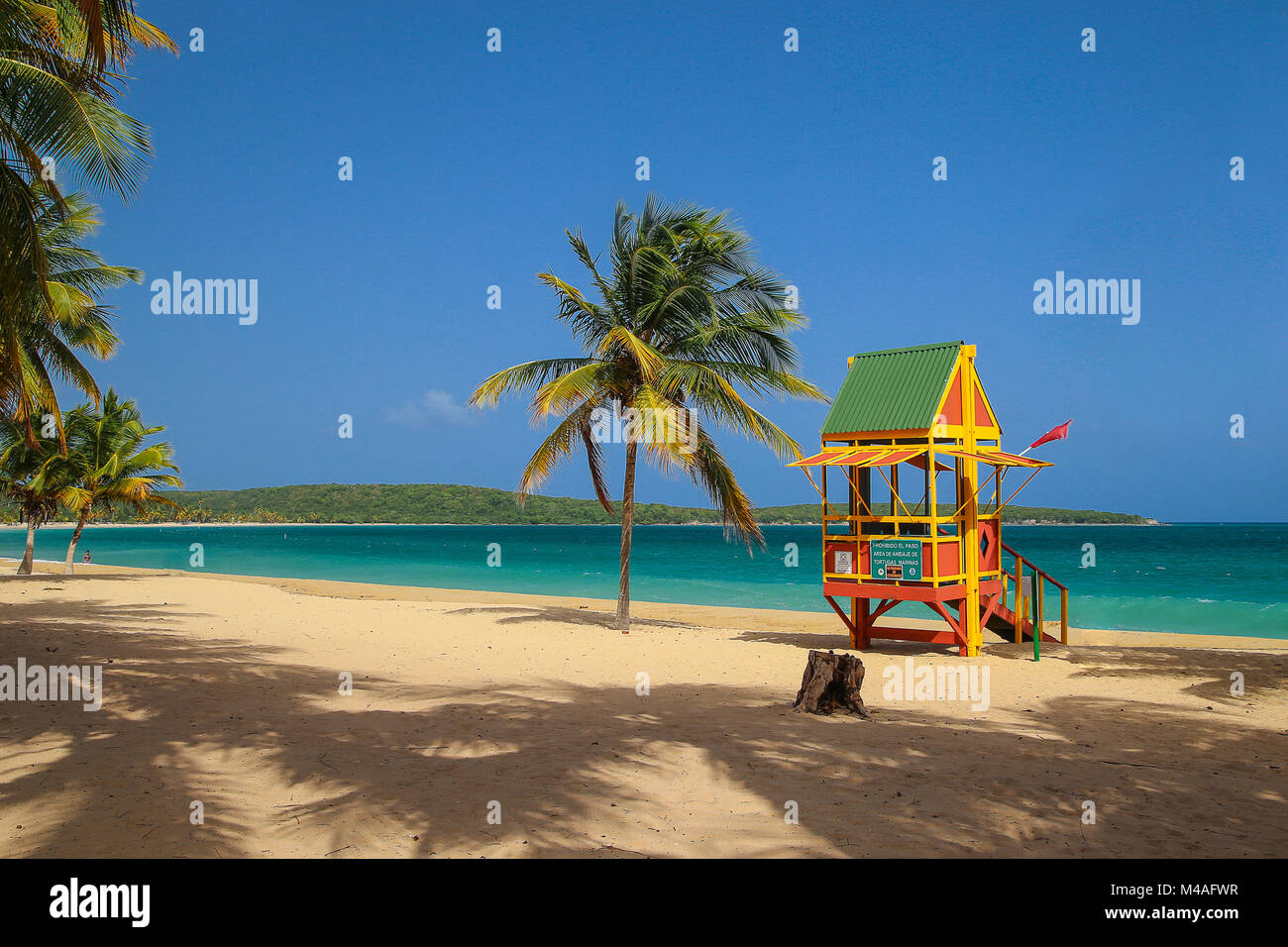 Jour de sable sur Sun Bay Beach à Vieques, Puerto Rico. Cette cabane de sauveteur est de protéger les vacanciers provenant de l'belles eaux. Banque D'Images