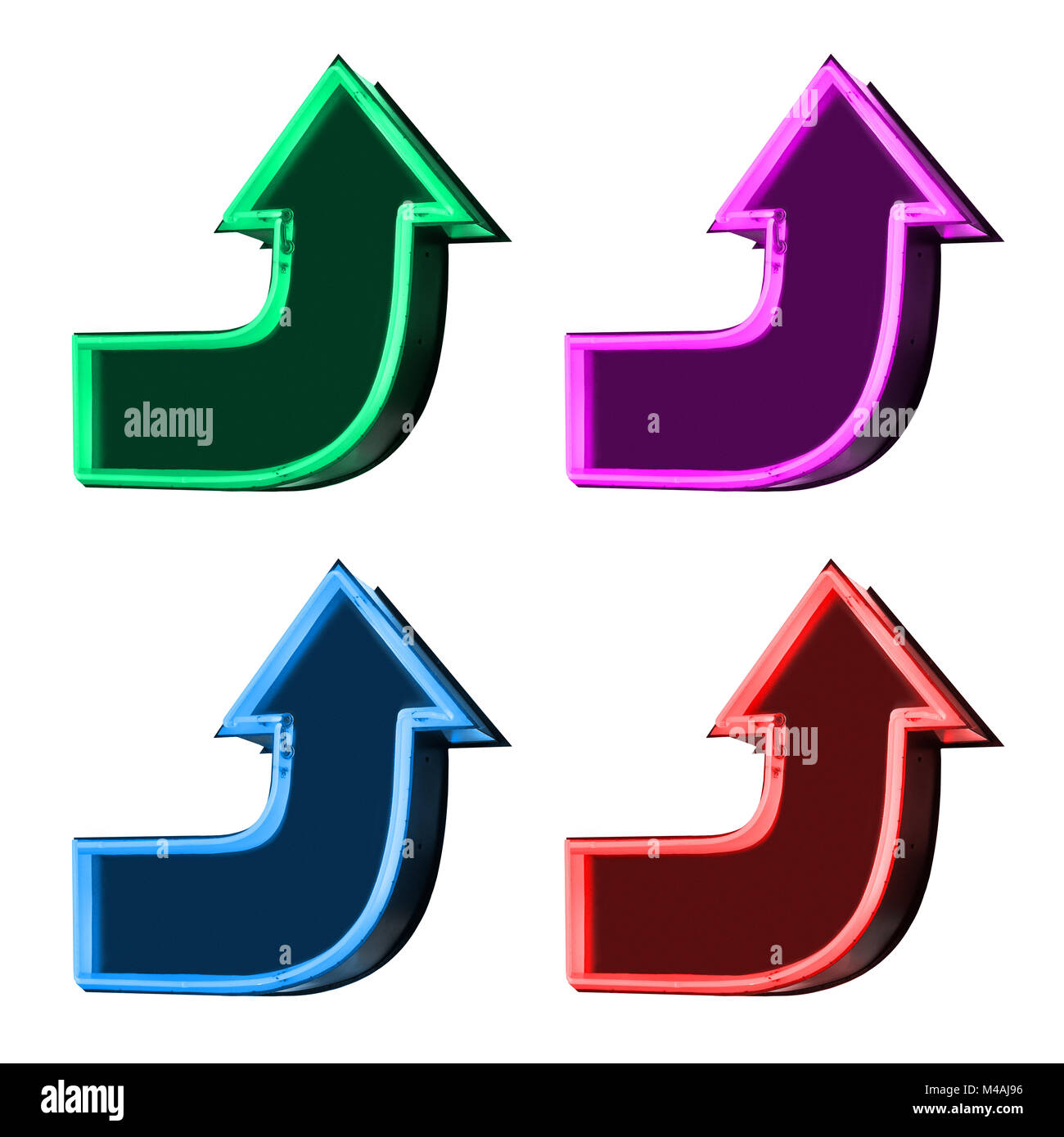 Jeu de flèches de lumière néon isolé sur blanc. Banque D'Images