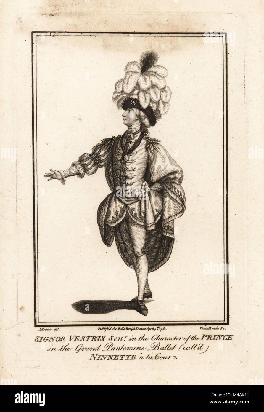Signor Gaëtan Vestris hauts dans le caractère du Prince au grand ballet pantomime appelée Ninnette a la Cour. La gravure sur cuivre par après une illustration par Thornthwaite John Roberts à John Bell's British Theatre, le 9 avril 1781, Londres. Banque D'Images