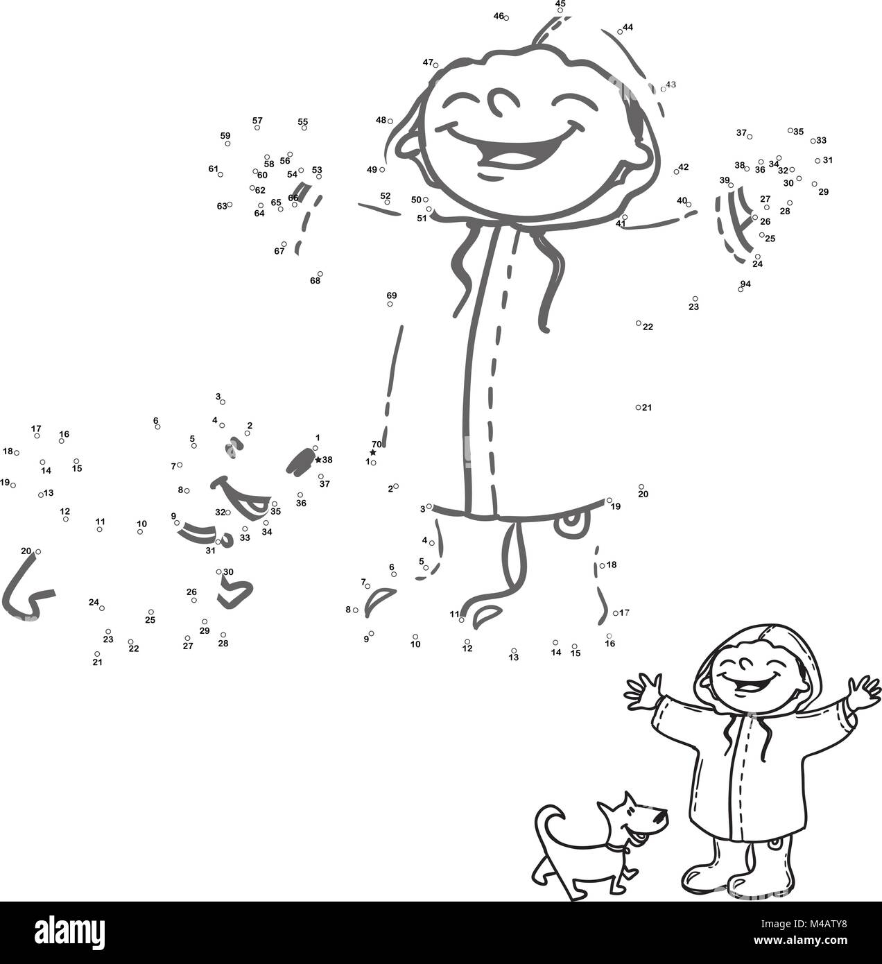 Relier les points. Jeu de chiffres pour les enfants. Happy girl and dog sous la pluie. Page de livre de coloriage. Illustration de Vecteur