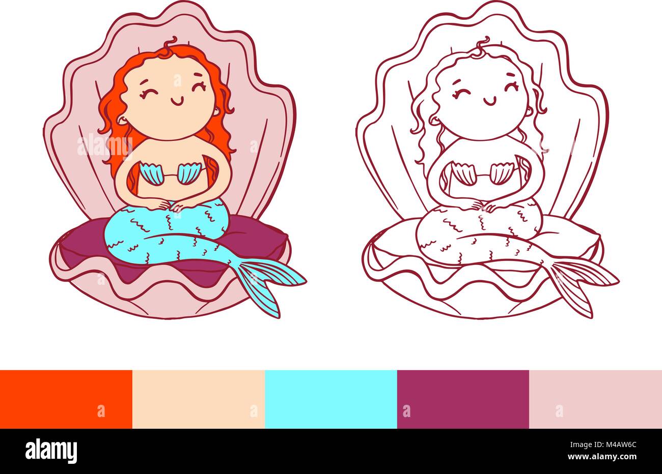 Page à colorier. Cute cheerful mermaid in pink shell. Illustration de Vecteur