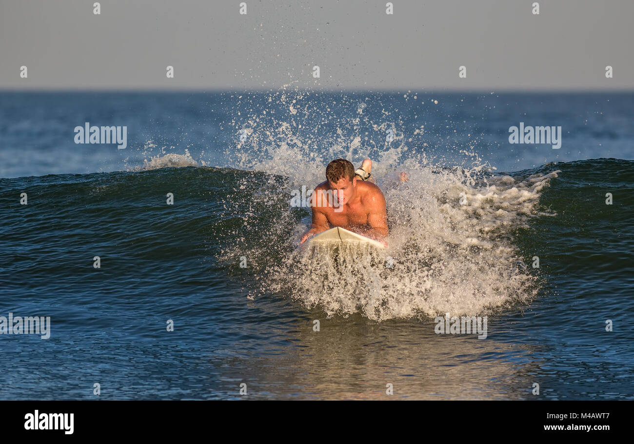 Jeune homme surfeur sur sa planche une vague dans l'océan Banque D'Images