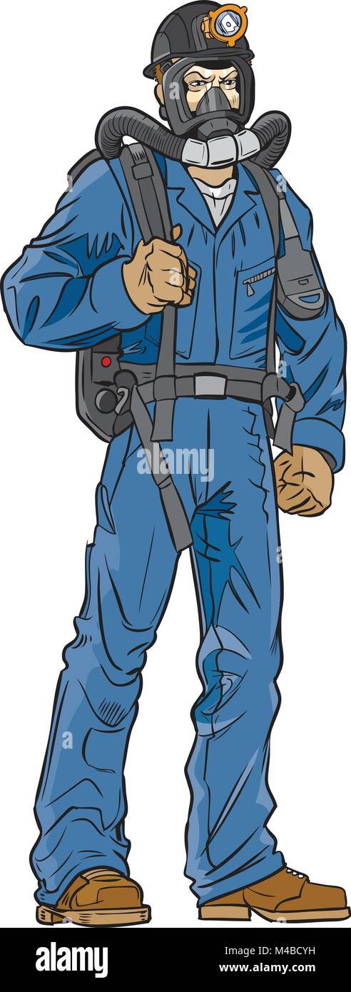 Vector cartoon clip art illustration d'une mine de charbon sauveteur en uniforme avec l'équipement. Illustration de Vecteur