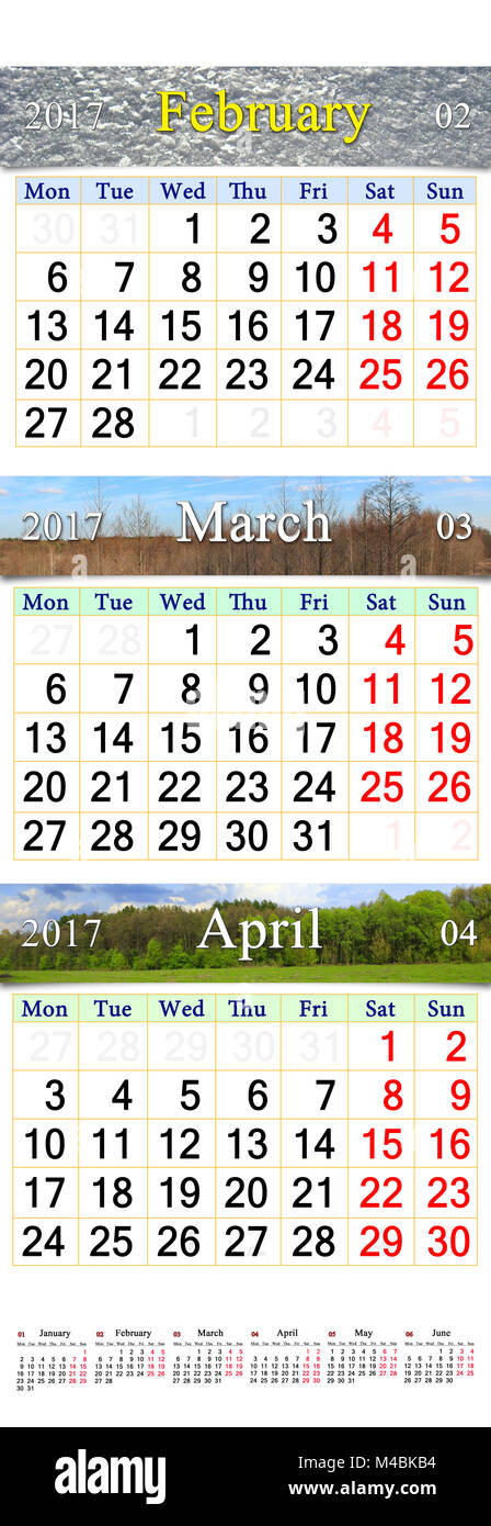Calendrier pour Février Mars Avril 2017 avec photos Banque D'Images