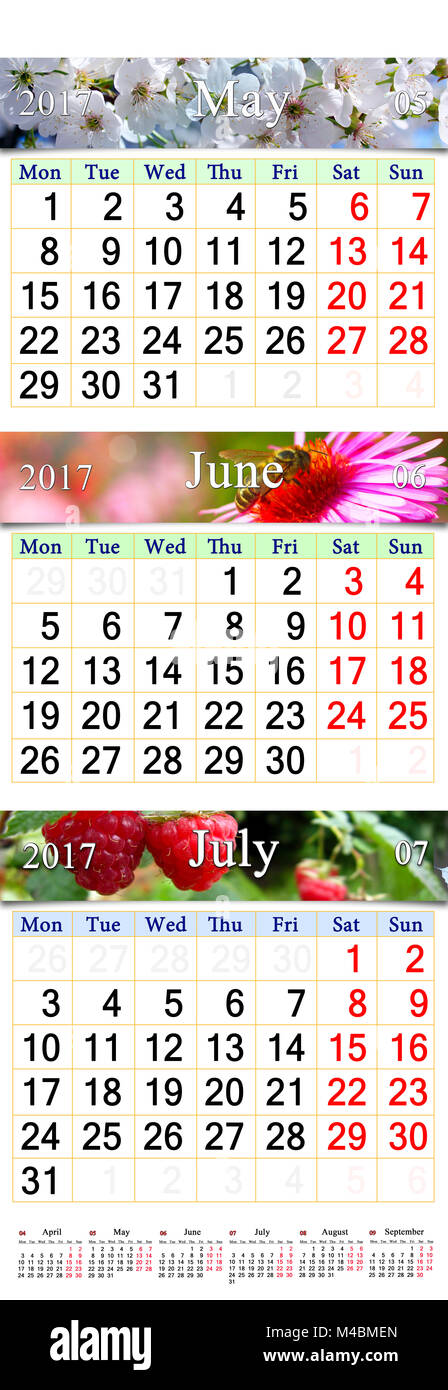 Calendrier pour Mai Juin Juillet 2017 en images Banque D'Images