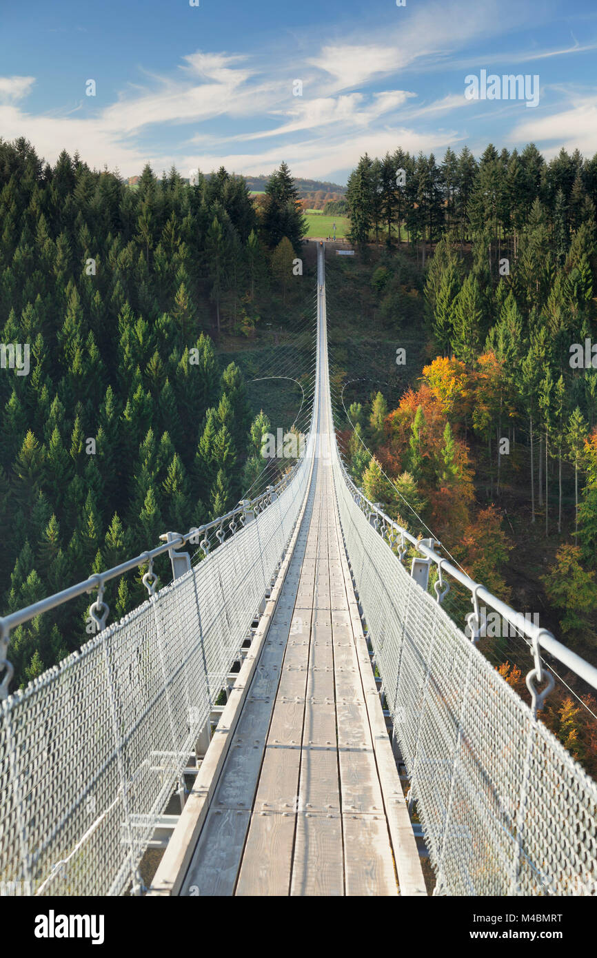 Pont de corde suspendu,Geierlay Mörsdorfer,Bachtal Mörsdorf, Hunsrück, Rhénanie-Palatinat, Allemagne Banque D'Images